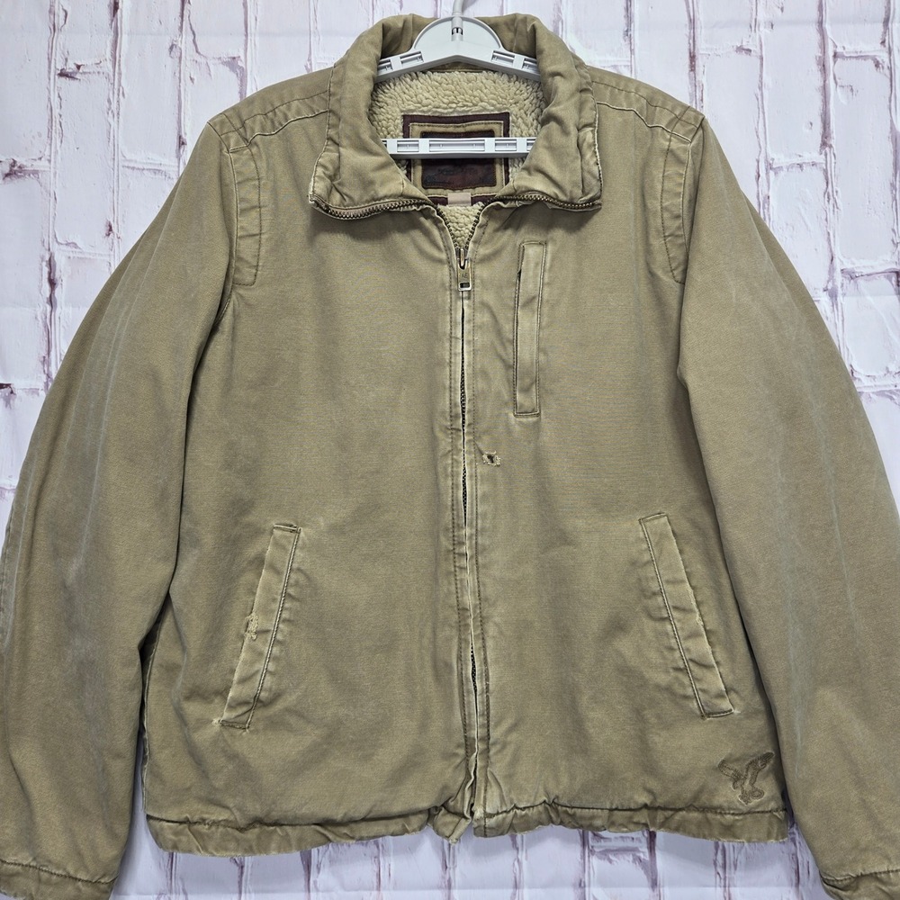 VTG Y2K American Eagle Jacket Khaki Canvas Sherpa Lined Workwear Coat Mens L